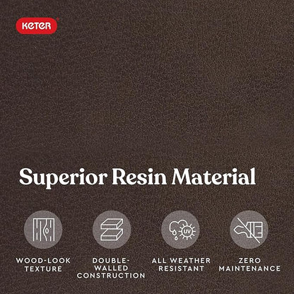 Keter City 30 Gallon Resin Outdoor Storage Box and Patio Furniture Side Table for Pool and Garden Accessories, Brown