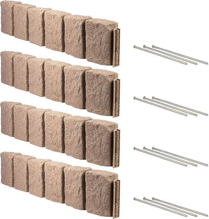 Beuta Landscape Edging | Garden Edging Border | Faux Stone Block XL for Lawn Edging, Flower Beds & Yard Edging – 4 Pack | Each Section Has 6 Blocks 48" L x 4" W x 9.5" H | 12 Spikes | Sandstone