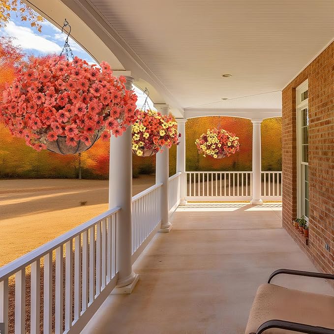 Geegoods Artificial Hanging Baskets for Outdoors Decoration, 24 Pcs Artficial Outdoor Flowers with Hanging Baskets UV Resistant Look Real Orange Mums for Autumn Porch Patio Balcony Yard Home Decor