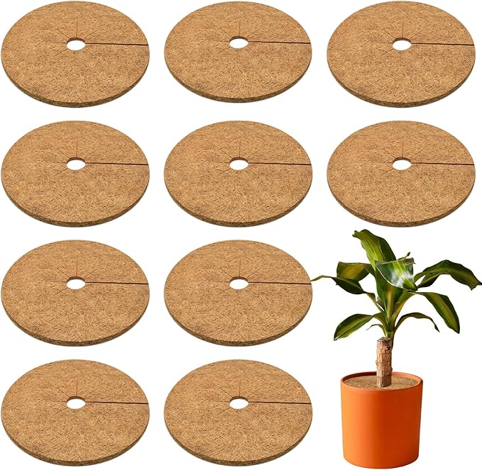 ZeeDix 10 Pack Coconut Fiber Mulch Ring, 9 Inch Coco Coir Tree Ring Mulch Mat, 100% Natural Tree Protector Mat Plant Cover Ring Coconut Coir Discs Tree Mats Mulch Rings for Indoor Outdoor Trees Plants