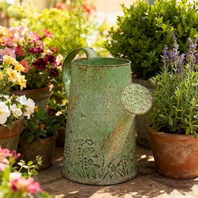Vintage Green Metal Watering Can, Functional Garden Waterer with Floral Embossed for Indoor Outdoor Plant Care, Rustic Decor for Home Garden Patio