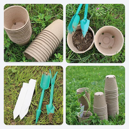 50Pcs Biodegradable Seedling Pots Seed Starter Kit 3.15 Inch Round Peat Pot with Drainage Holes, Plant Labels, Seedling Pickers & Garden Shovels