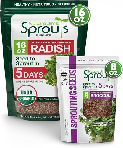 Nature Jims Broccoli Sprouts & Radish Seeds – Organic Broccoli Sprouts, Organic Radish Seeds, Non-GMO for Indoor/Outdoor Growing, Microgreens Bundle, 8oz + 16oz