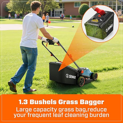 SENIX 40V 15'' Cordless Lawn Mower - 1.3 Bushels Grass Bag, (2) 4Ah Batteries & 3.0A Charger Included