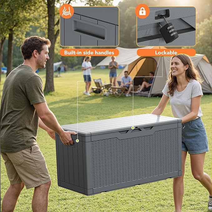 105 Gallon Deck Box Outdoor Indoor Waterproof Storage Box for Patio Furniture, Pool Accessories, Garden Tools, and Cushion Storage, Gray