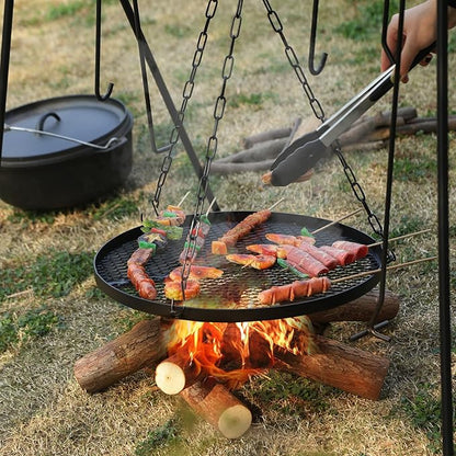 REDCAMP Swing Campfire Grill Stand - Collapsible Campfire Cooking Rack with 6 Hooks & Iron Grill Grate, Portable Dutch Oven Hanger for Outdoor Camping, Cookware, Bonfire, Round