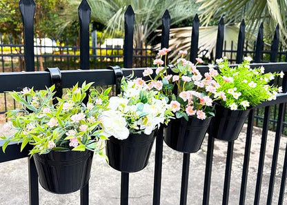 4 Pack Black Railing Planter, 6 Inch Metal Hanging Planters for Outside Balcony Rails Fence with Detachable Hooks, Flower Pots Outside for Garden Patio (Black, Pack of 4)