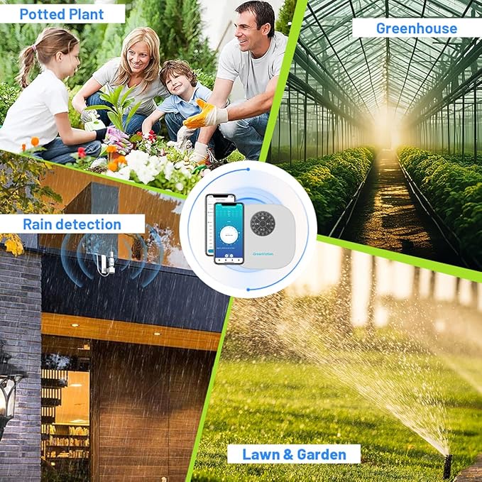 Smart Sprinkler Controller Pro，12-Zone/Station Irrigation System(with Water Pump and Rain Sensor Connection Interface)，GreenVation 2.4G/5GHz WiFi Water Timer for Outdoor Garden/Yard/Lawns