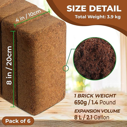 Compressed Coco Coir Bricks – 100% Organic, 650g x 6 Bricks – Expands to 8L Each, Eco-Friendly, Biodegradable, No Chemicals – Ideal for Vegetables, Fruits, Flowers, Seedlings