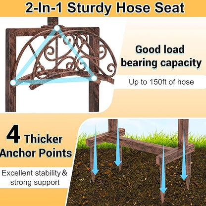 Garden Hose Holder Hanger Freestanding, Upgraded 4 Spikes Heavy Duty Storage Reel Stand with Shepherds Hooks, Holds 150ft Hose for Outside Garden Yard Lawn vegetable patch(Vintage Bronze)