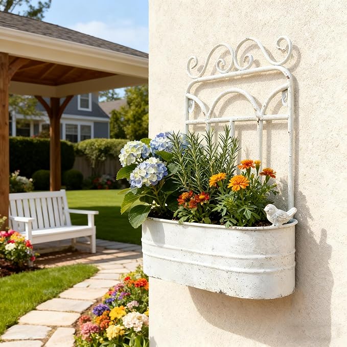 Rustic Metal Wall Planter Country Garden Wall Hanging Mount Vase Pocket Outdoor Vintage Hanging Pot Farmhouse Wall Decor for Plants Flowers (White)
