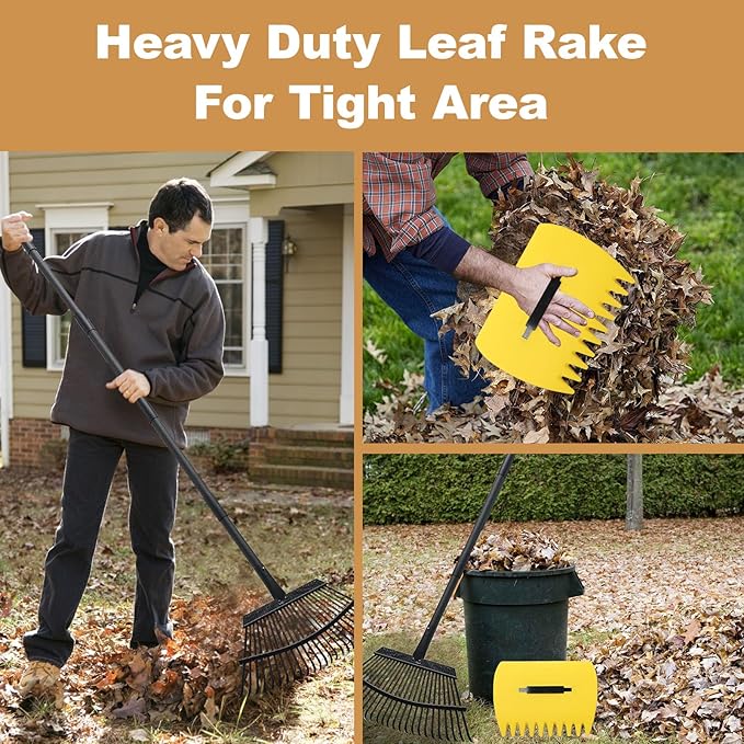 Rake with Leaf Scoops Garden Leaf 25 Tines Lawn Leveling Tool, Heavy Duty 64.1 Inch Adjustable Handle Metal Rake for Picking Leaves Grass Garbage, Black