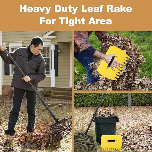 Rake with Leaf Scoops Garden Leaf 25 Tines Lawn Leveling Tool, Heavy Duty 64.1 Inch Adjustable Handle Metal Rake for Picking Leaves Grass Garbage, Black