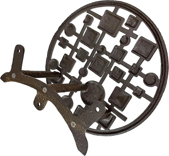 Mid-Century Modern Cast Iron Circles & Squares Hose Holder – Bronze Finish, Wall-Mounted, Weather Resistant, Durable Outdoor Storage, 11.75 Inch Diameter