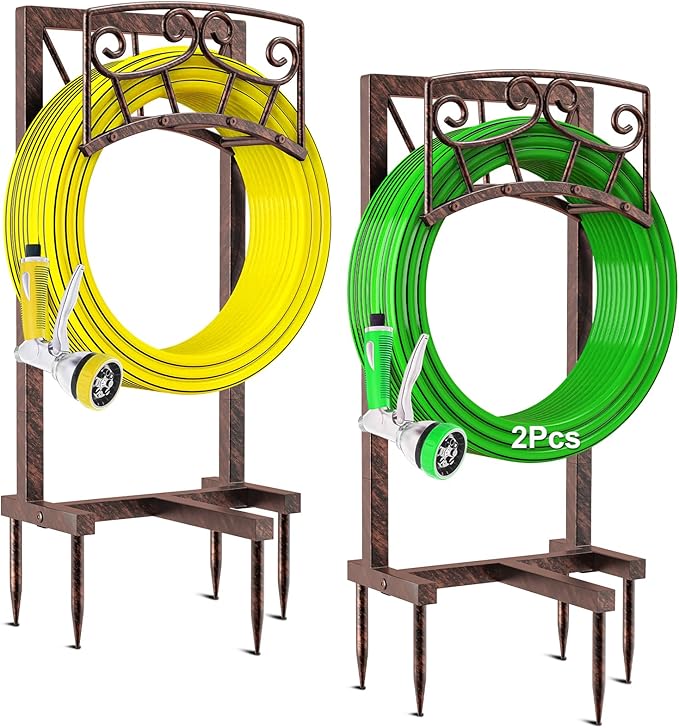 Garden Hose Holder, Heavy Duty Metal Water Hose Holders Hose Stand with 5 Spikes, Freestanding Hose Storage Rack Hose Hanger Holds 150ft Hose for Outside Yard Lawn Garden Decor (Vintage Copper-2P)