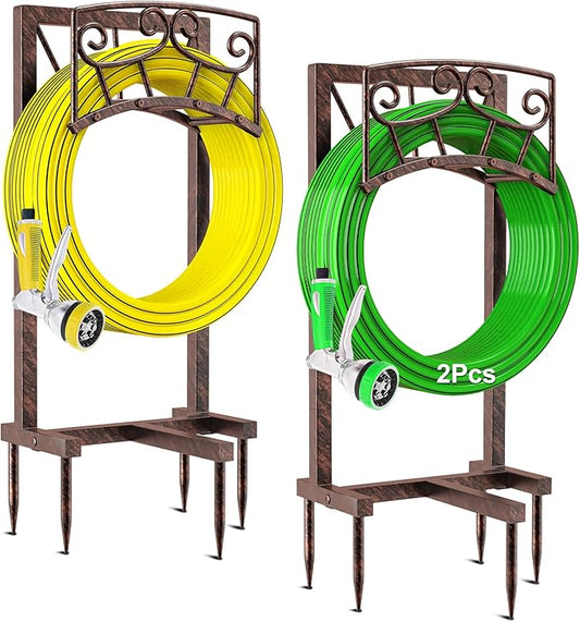 Garden Hose Holder, Heavy Duty Metal Water Hose Holders Hose Stand with 5 Spikes, Freestanding Hose Storage Rack Hose Hanger Holds 150ft Hose for Outside Yard Lawn Garden Decor (Vintage Copper-2P)