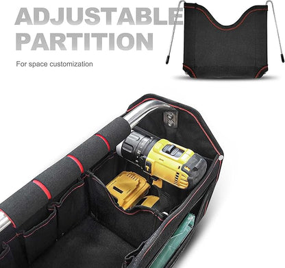 HAUTMEC 18 Inch Tool Bag, Foldable Open Top Tool Tote with 27 Pockets and Removable Partition, Heavy-Duty Electrician Tool Bag with Adjustable Shoulder Strap & Water-Resistant Molded Base – HT0020