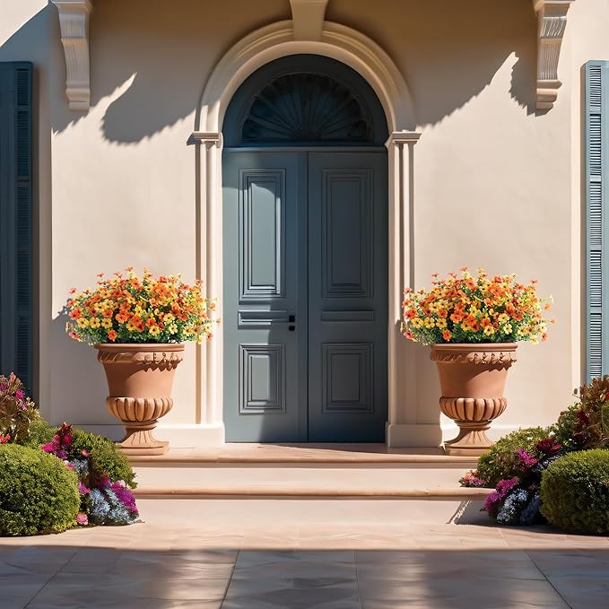 Fake Mums Artificial Fall Flowers with Hanging Baskets Outdoors for Decoration Faux mums for outdoor planters Daisy Flower with Eucalyptus Leaves for Porch Home Patio Balcony and Yard Autumn Decor