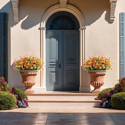 Fake Mums Artificial Fall Flowers with Hanging Baskets Outdoors for Decoration Faux mums for outdoor planters Daisy Flower with Eucalyptus Leaves for Porch Home Patio Balcony and Yard Autumn Decor