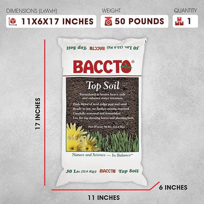 Michigan Peat Company Baccto Top Soil for Lawns, Patchworks, Gardens, Planting Beds, and Shrub and Tree Transplant Mixtures, 50 Pound Bag, 50 Pack