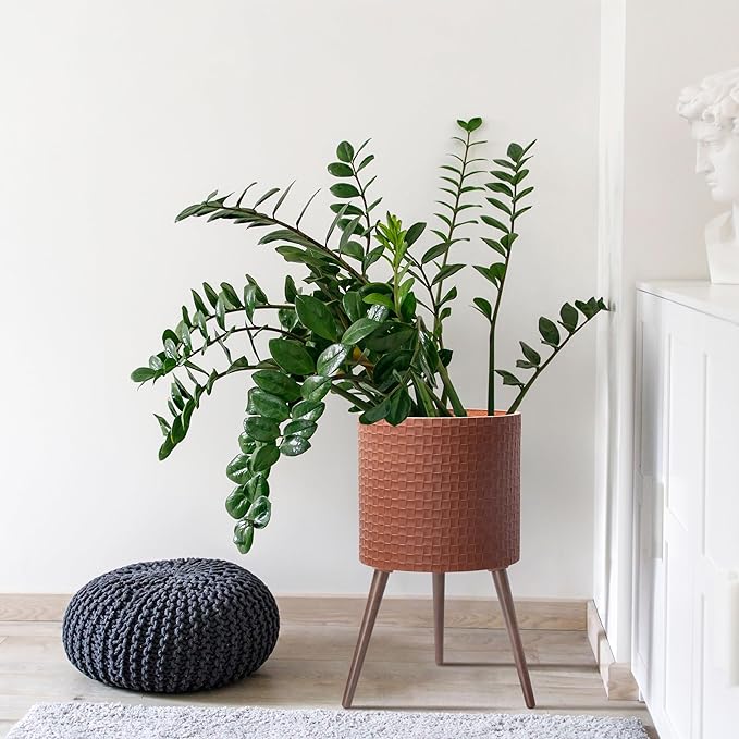 D'vine Dev 16 Inch Modern Geometric Tile Patterned Sleek Planter Pot with Stand, Indoor Outdoor Decorative Plant Holder, Terra Cotta, 88-Z-E-3