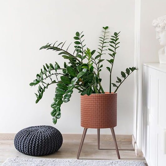 D'vine Dev 16 Inch Modern Geometric Tile Patterned Sleek Planter Pot with Stand, Indoor Outdoor Decorative Plant Holder, Terra Cotta, 88-Z-E-3