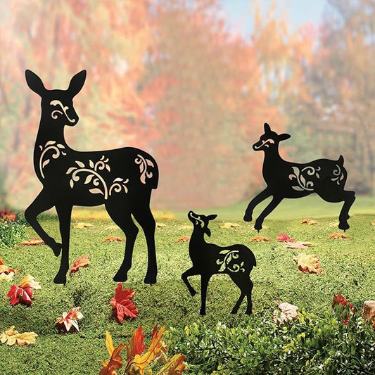 Outdoor Deer Stakes, Set of 3 Metal Deer Garden Decor for Outside,Black Silhouette Yard Art(Deer Black)