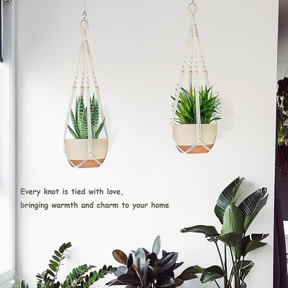 35 Inch Macrame Plant Hanger Indoor Outdoor Fits 4 to 15 inch pots Hanging Planter Basket with Wood Beads and No Tassels,Boho Home Decor,Ivory,Set of 2 (Pots Not Included)