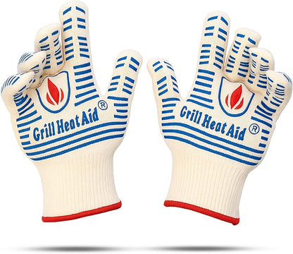 GRILL HEAT AID BBQ Grill Gloves Heat Proof for Grilling – Fireproof 1472°F Heat-Resistant Grill Mitts for Outdoor Barbecue and Smoker, Campfire, Fire Pit, Oven Glove with Fingers for Baking Pizza