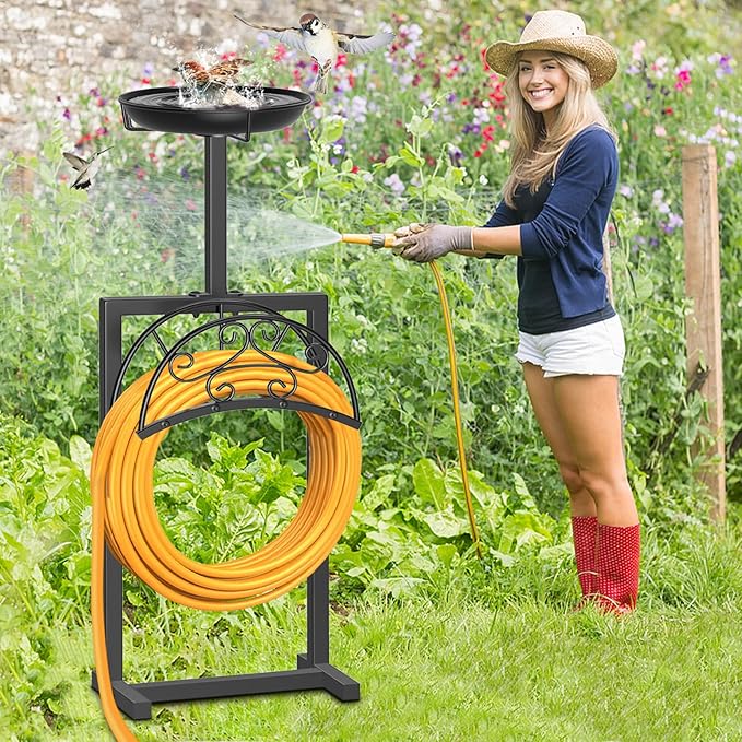 Garden Hose Holder Hanger Freestanding, Upgraded 4 Spikes Heavy Duty Storage Reel Stand with Bird Feeder Bowl, Holds 150ft Hose for Outside Garden Yard Lawn Vegetable Patch