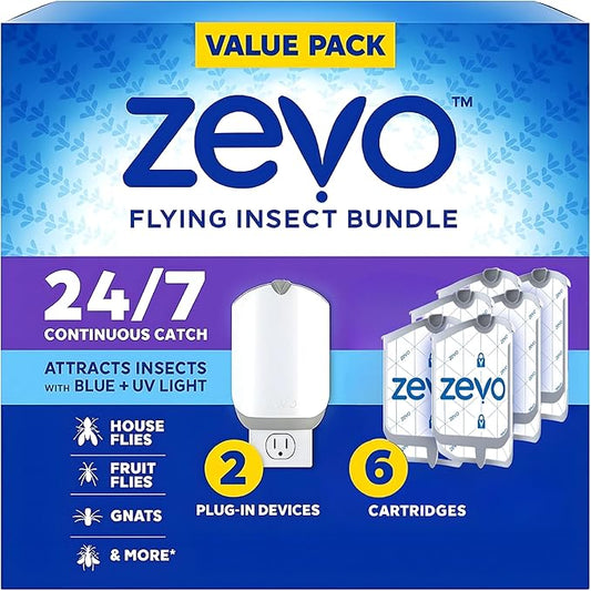 Zevo Flying Insect Trap & Cartridge - Plug in Fly Trap & Indoor Bug Catcher for Gnats, House & Fruit Flies - Mess-Free - Use in Any Room - Uses Blue & UV Light (2 Plug in Devices & 6 Cartridges)