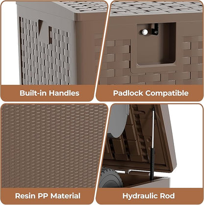 120 gal Brown Resin Deck Box, Outdoor Storage Box Waterproof Lockable, Patio Deck Box For Package Delivery, Outside Storage Box Container for Furniture Cushions, Garden Tools, Pool Accessories