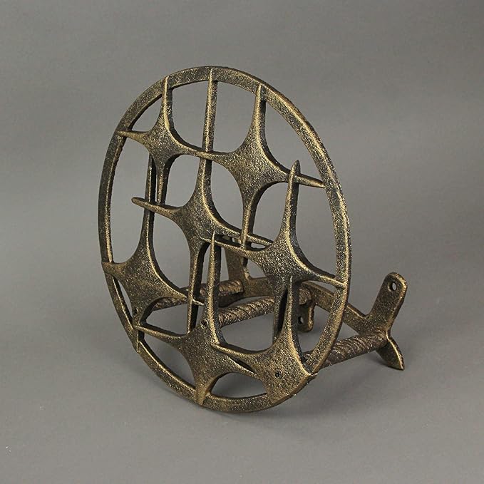 Bronze Finish Cast Iron MCM Stars Wall Mounted Hose Holder - Stylish Mid-Century Modern Garden Decor Solution - 11.5 Inches in Diameter, Weather-Resistant
