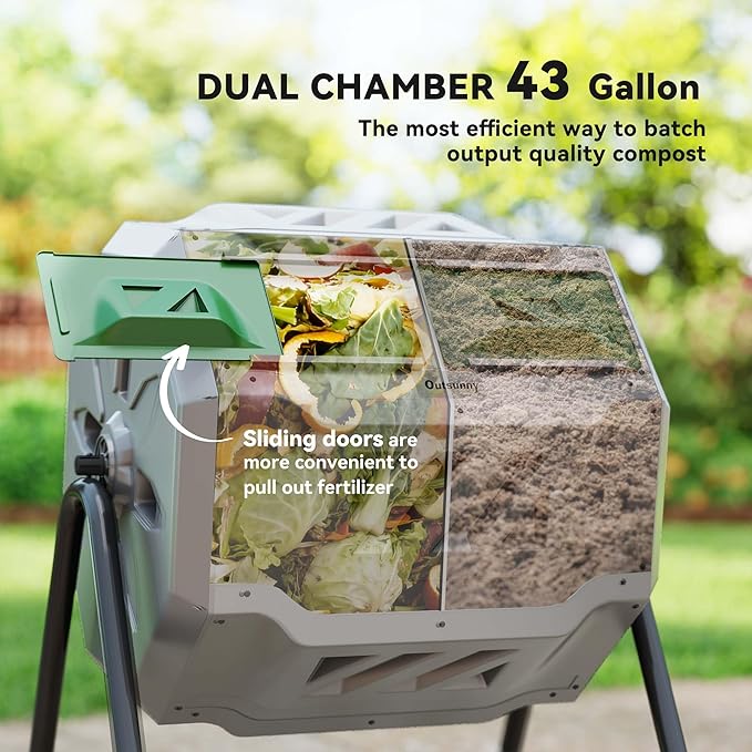 Outsunny Tumbling Compost Bin Outdoor 360° Dual Chamber Rotating Composter 43 Gallon, Light Gray