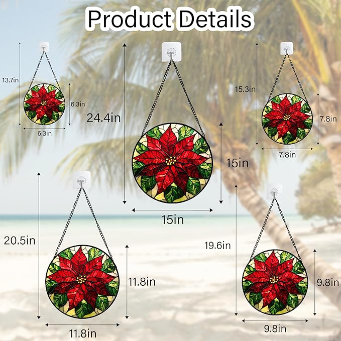 Stained Glass Window Hanging - Poinsettia Suncatcher for Door Garden Home Decor Birth Flower Sun Catcher Birthday Mother's Day for Lovers Friend Women Mom Nana 11.8 in
