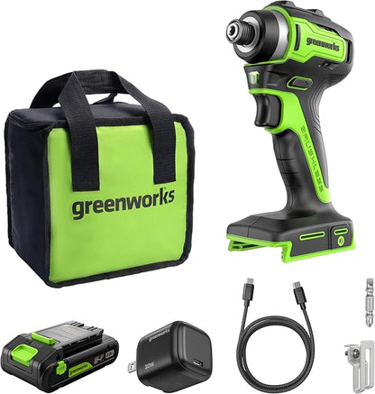 Greenworks 24V Brushless Cordless Impact Driver (1950 in-lbs.), 1/4" Hex Collet, 2.0Ah USB-C Battery, 30W USB-C Charger & 3.3FT Braided Cable, Compatible with iPhone/iPad/Samsung & More