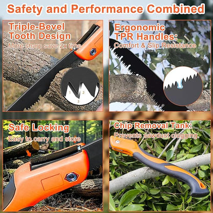 10 Inch Heavy Duty Folding Pruning Saw, SK5 Curved Blade with Triple-Cut Razor Teeth, Hand Saw for Tree Cutting, Camping, Gardening, Hiking, Landscaping & Branch Trimming