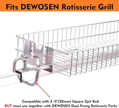 Stainless Steel Flat Rotisserie Grill Basket Large Size, Fits 1/2" or 3/8" Hexagon, 3/8" or 5/16" Square Spit Rod, If 3/4" Square Spit Rod MUST Use Together With DEWOSEN Rotisserie Forks