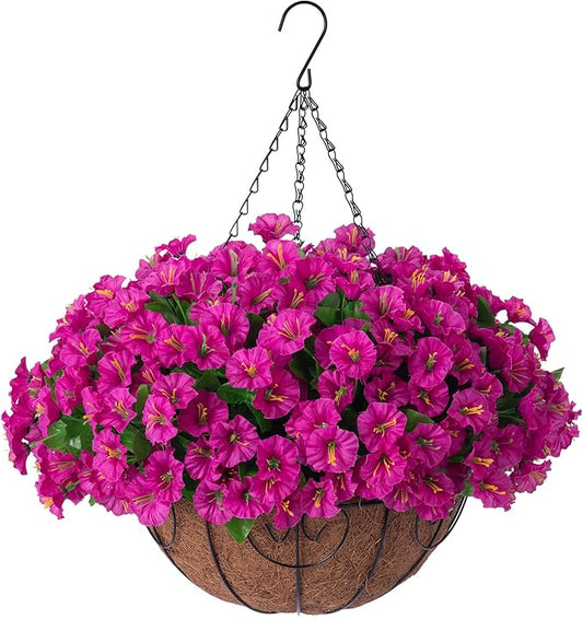 Artificial Hanging Flower Plants with Basket for Outdoor Decoration, Faux Petunias Flowers Fake Morning Glory Planter for Outside Patio Garden Porch Balcony Yard Decor(Fuchsia)