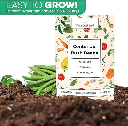 Woods Creek Seeds: Contender Bush Bean Seeds for Planting - Non-GMO Green Bean Seeds for Planting - Tender Stringless Variety - USA Grown Heirloom Bush Beans Vegetable Seed for Outdoors and Indoors