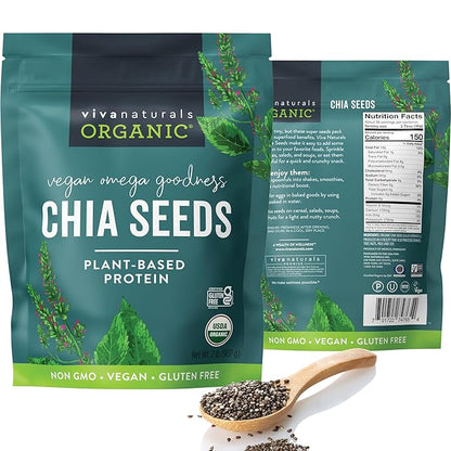 Viva Naturals Organic Chia Seeds, 2 lb (907 g) – Plant-Based Omega-3 and Vegan Protein, Gluten Free & Non-GMO, Perfect for Smoothies, Salads & Chia Pudding