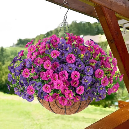 Artificial Fake Hanging Flowers Plants Baskets for Outdoors Spring Summer Decoration, UV Resistant Faux Silk Morning Glory in Planter Realistic for Outside Porch Patio Balcony Garden Yard Home Decor