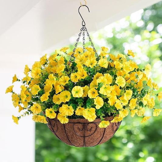 Artificial Fake Hanging Flowers Plants Baskets for Outdoor Decoration, Faux Silk Morning Glory in Planter UV Resistant Realistic for Home Outside Porch Patio Balcony Garden Yard Home Decor, Yellow