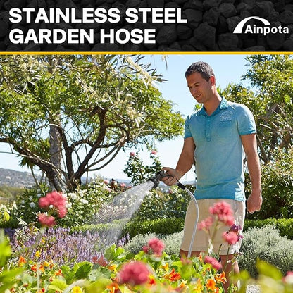 Metal Garden Hose Water Hose 100ft Heavy Duty Stainless Steel Water Pipe with Sprayer & Nozzle Flexible Lightweight Hose No Kink Pet Proof Hose for Yard, Outdoors, Rv