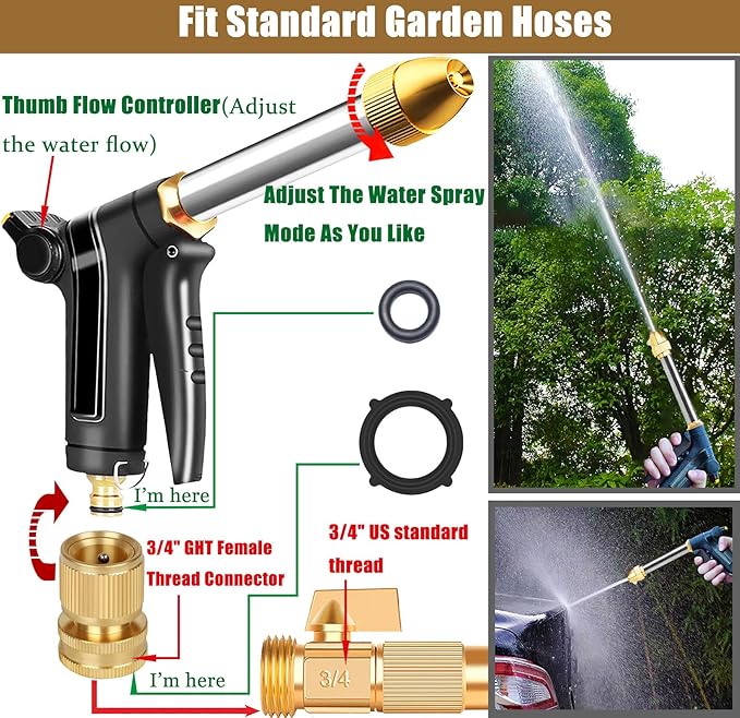 Garden Hose Nozzle, Upgraded Heavy Duty Metal Hose Sprayer Nozzle with Thumb Control, High Pressure Water Nozzle With 3/4" Quick Connect for Watering Plants and Lawn, Washing Cars and Showering Pets
