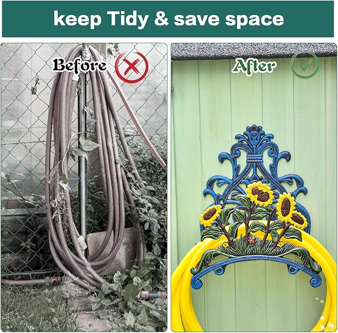 Sungmor Cast Iron Heavy Duty Garden Hose Holder - Decorative Hand-Painted Sunflower Wall Mounted Water Hose Hanger - Wall Decoration Hanging Hose Rack - Hose Reel Storage Butler - Metal Hose Stand