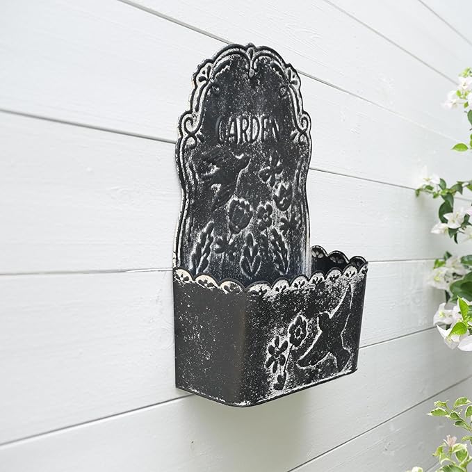 BIG FORTUNE Metal Wall Mount Planter Wall Vases for Flowers Shabby Chic Decor for Rustic Farmhouse Outdoor Decor (Black)