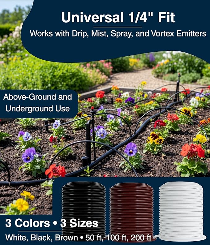 DBR Tech® 1/4 Drip Irrigation Tubing, 100 Feet, Flexible PVC Plastic Drip Irrigation Hose for Gardening, Misting, Hydroponics and DIY Landscape Garden Projects, Blank Distribution (100ft, White)