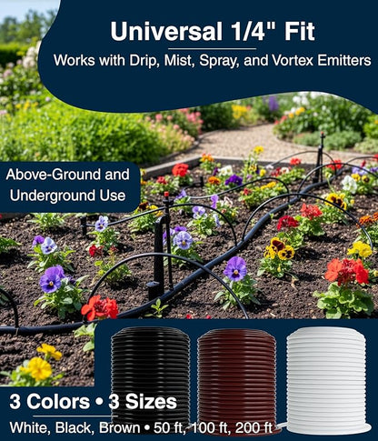 DBR Tech® 1/4 Drip Irrigation Tubing, 200 Feet, Flexible PVC Plastic Drip Irrigation Hose for Gardening, Misting, Hydroponics and DIY Landscape Garden Projects, Blank Distribution (200ft, Brown)