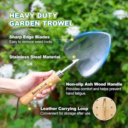 Berry&Bird Potting Trowel, Oversized Garden Hand Shovel with Sharp Blade & Wood Handle, Stainless Steel Gardening Tool for Roots, Planting, Digging, Transplanting, Soil Loosening and Fertilizer Mixing